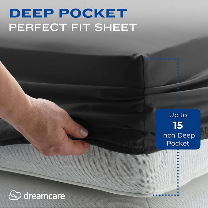 DREAMCARE California King Sheet Sets - Cooling Bed Sheets - 4pcs Set - up to 15" Deep Pocket Cal King Sheets - California King Sheets - Soft & Lasting 100% Brushed Polyester with Side Pocket - Gray