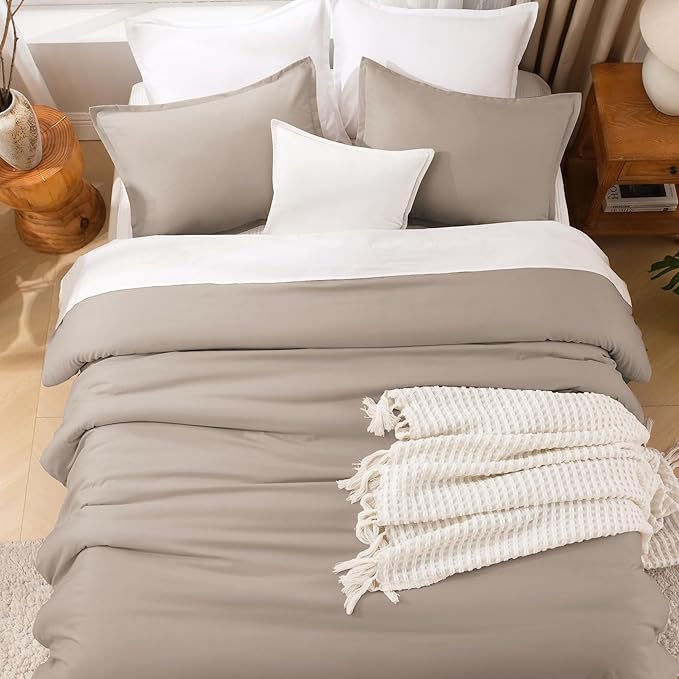 Litanika Light Coffee Oversized King Comforters Super King Size, 3 Pieces Lightweight Solid Bedding Comforter Set, All Season Fluffy Bed Set (120x120In Comforter & 2 Pillowcases)
