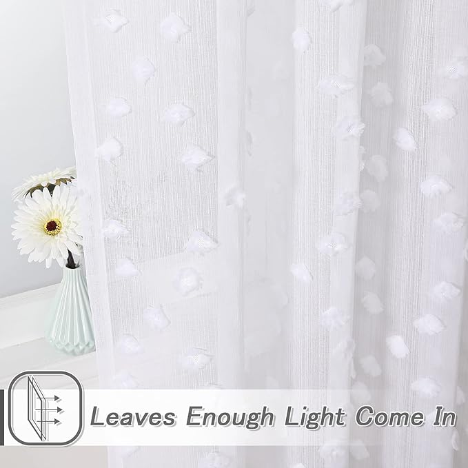 MYSKY HOME White Sheer Short Curtains with Pom Pom for Small Windows Bedroom Nursery Kids Girls Room Curtains Cafe Kitchen Light Filtering Boho Drapes, Rod Pocket,52 x 45 Inches, 2 Panels