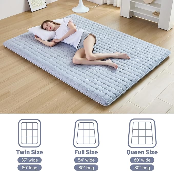 Japanese Floor Mattress Full, Anti-Slip Japanese Futon Foldable Tatami Mat for Guests, Grey
