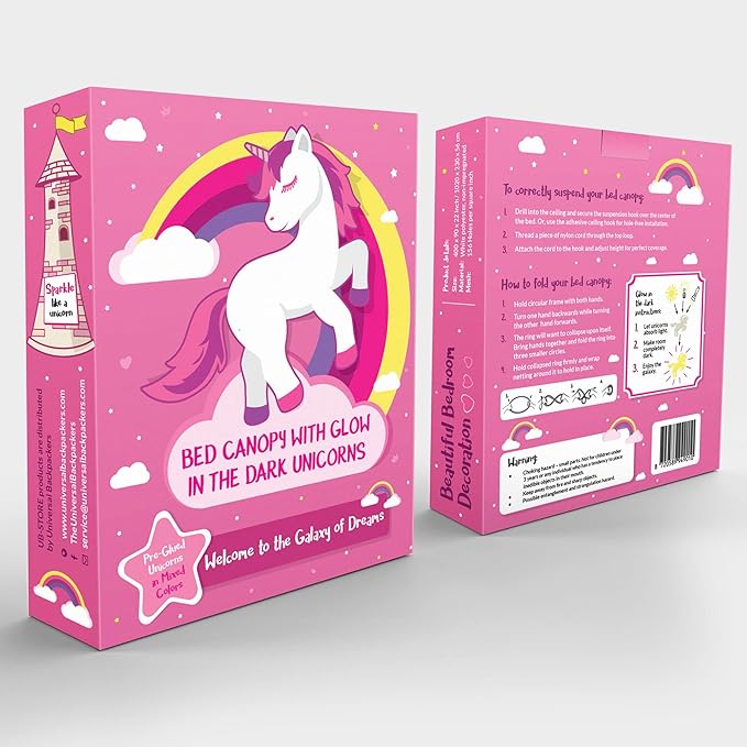 Pink Canopy for Girls Bed with Pre-Glued Glow in The Dark Unicorns - Princess Mosquito Net Room Decor - Kids & Baby Bedroom Tent with Galaxy Lights - 1 Opening Canopy Bed & Hanging Kit Included