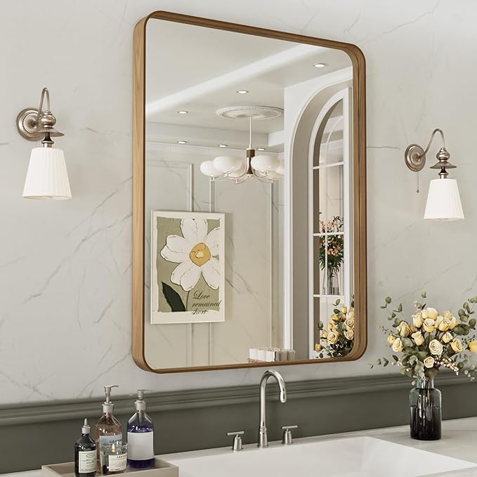 LOAAO 28X36 Bathroom Mirror with Wood Grain Colored Metal Frame, Rounded Rectangle Metal Framed Bathroom Mirror, Anti-Rust, Hangs Horizontally or Vertically
