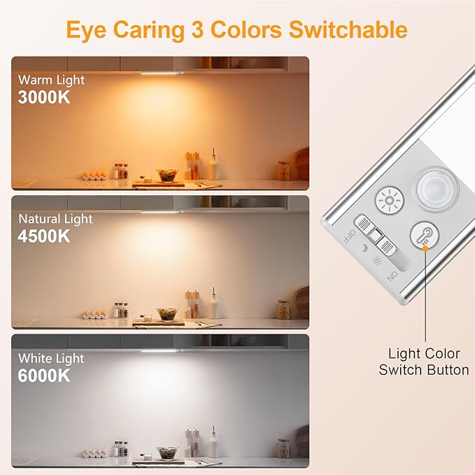 Gritin 10.2inch Under Cabinet Lighting Rechargeable -84 LED Super Bright,3-Color& 5 Level Brightness,4 Modes,Motion Sensor,Long Lasting- Easy Installation Magnetic Under Cabinet Closet Lights -2 Pack
