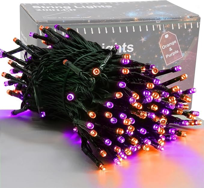 HOME LIGHTING Halloween Lights, 66FT 200 LED Plug in Green Wire String Light, 8 Lighting Modes Waterproof Fairy Mini Lights for Indoor Outdoor Christmas Wedding Party Decorations (Orange & Purple)