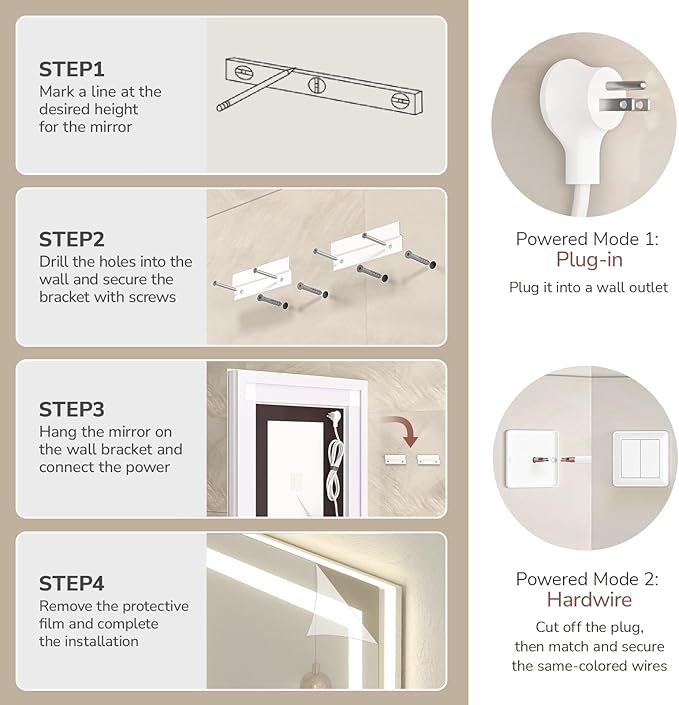 USHOWER LED Bathroom Mirror 48x36 Inch with Lights - Frameless Tempered Glass LED Backlit Lighted Mirror for Bathroom Vanity with Anti-Fog, 3 Colors Dimmable, Memory Function, Wall-Mounted