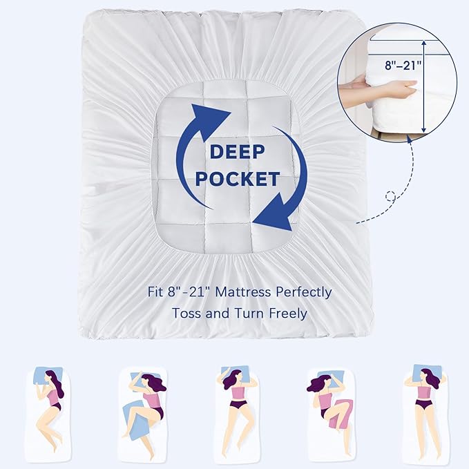 CYMULA Queen Mattress Topper Waterproof, Cooling Pillow Top Mattress Topper, Extra Thick Mattress Pad Cover with 8-21 Inch Elasticated Deep Pockets, Plush Down Alternative Fill Mattress Protector