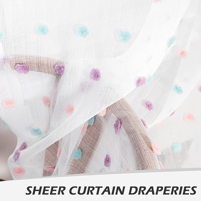 MYSKY HOME Short Curtains for Bedroom Rainbow Pom Pom Sheer Curtains Kitchen Bathroom 54 Inches Long Curtains Nursery Boys Kids Room Rod Pocket 2 Panels Small Window 38" x 54"