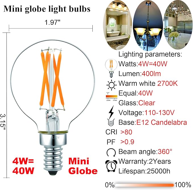LiteHistory e12 led dimmable g16.5 Light Bulb 6W Equal 60 Watt 600lm AC120V e12 Candelabra Bulb 60 Watt for Chandeliers,Ceiling Fan,Vanity Warm White 2700K Globe e12 Light Bulb 6Pack