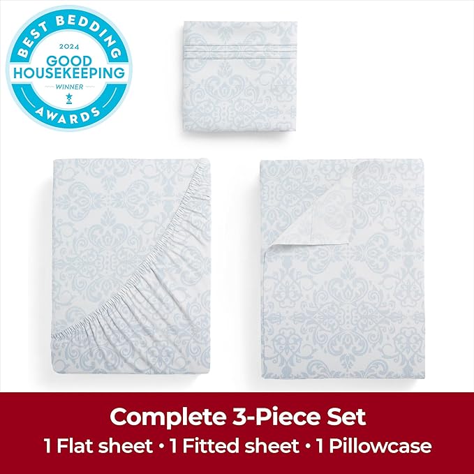 Mellanni Extra Deep Twin Sheets - 3 PC Iconic Collection Bedding - Hotel Luxury, Ultra Soft, Cooling Bed Sheets - Wrinkle, Fade, Stain Resistant (Twin, Laced Sky Blue)