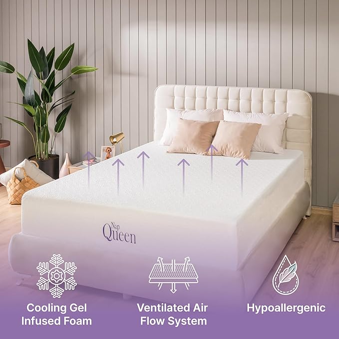 NapQueen 8 Inch Cooling Gel Full Size Medium Firm Memory Foam Mattress, Bed in a Box,White