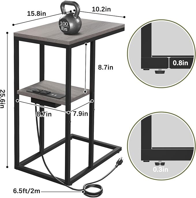 Yoobure LED C Shaped End Table with Charging Station, Small Side Tables for Living Room Bedroom, TV Tray Table with USB Ports and Outlets for Small Spaces, C Table for Couch Sofa, Bed Side Table