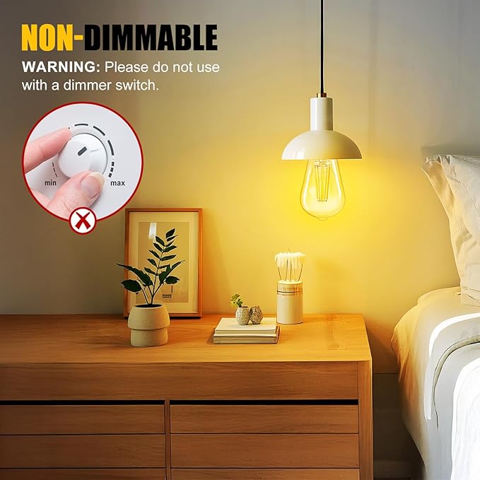Brightown 6 Pack LED Edison Light Bulbs, 6W, Equivalent 60W, High Bright 2700K Warm White,750 Lumens, Non-Dimmable, E26 Base ST58 Antique Filament Bulbs with 80+ CRI for Ceiling Fan Bathroom Porch