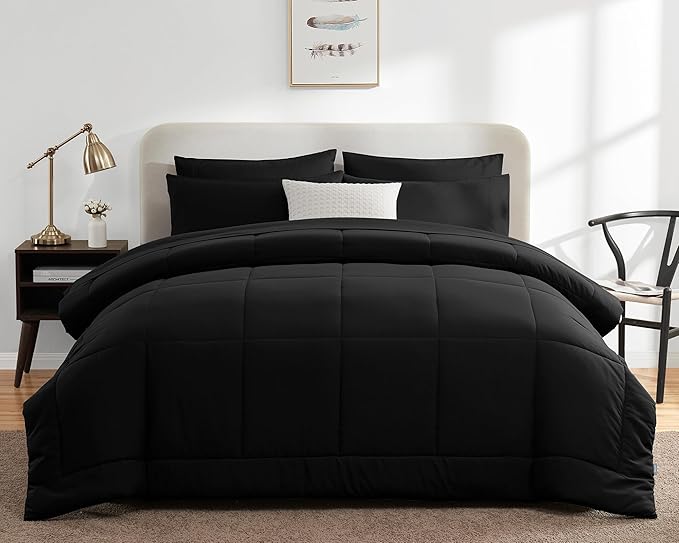 CozyLux King Size Comforter Set Black, 7 Pieces Bed in a Bag, Black Comforter King Size, All Season Bedding Sets with Stitch Quilted Comforter, Flat Sheet, Fitted Sheet, Pillowcases