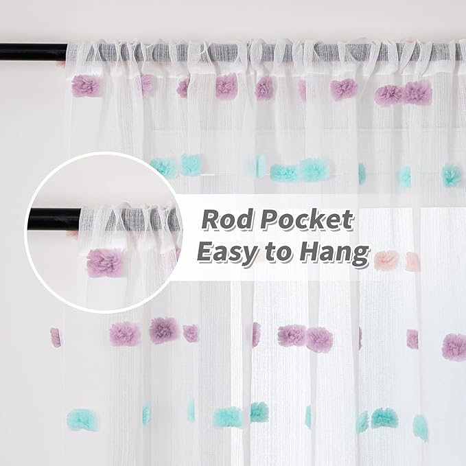 MYSKY HOME Pom Pom Curtains 84 Inch Length for Girls Bedroom 2 Panels Rainbow Curtains 84 Inch Long for Living Room Laundry Kids Nursery Rod Pocket Farmhouse Dining Room Window Drape 37" x 84"