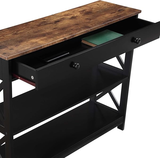 Convenience Concepts Oxford 1 Drawer Console Table with Shelves, Barnwood/Black