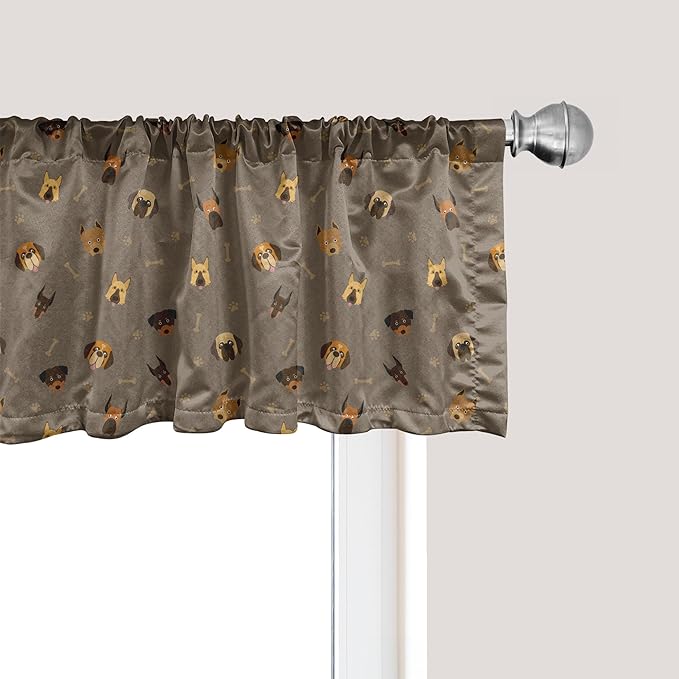 Ambesonne Dog Lover Window Valance, Repetitive Pattern of Pet Heads Paw Prints and Bones, Curtain Valance for Kitchen Bedroom Decor with Rod Pocket, 42" x 12", Taupe