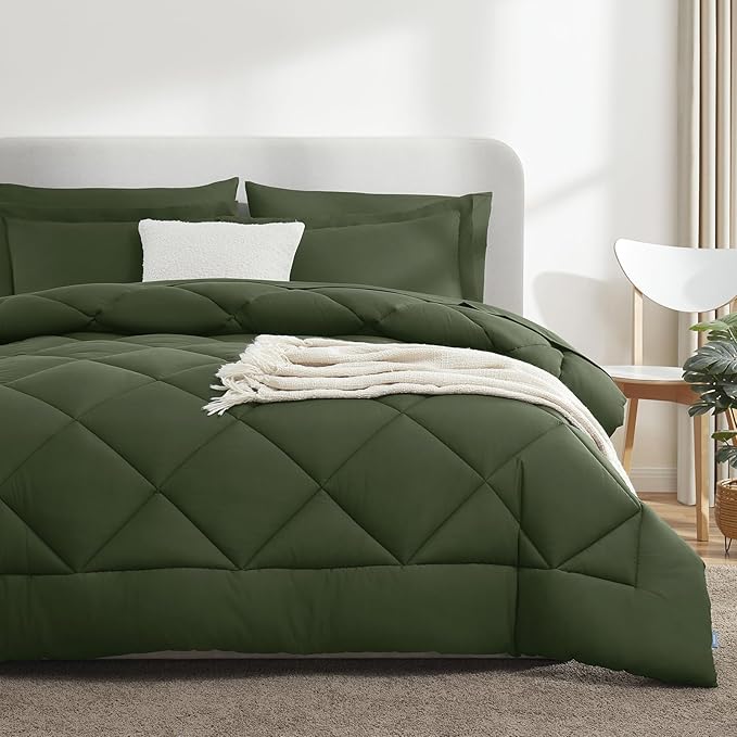 CozyLux Full Size Comforter Sets Olive Green - 7 Pieces Bed in a Bag Full, Luxury Soft Bed Set for All Seasons, Bedding Set with Down Alternative Comforter, Sheets, Pillowcases & Shams