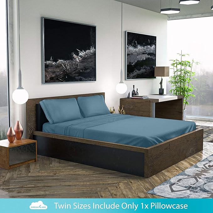 DREAMCARE Full Size Sheets Set - 6 Pcs Deep Pocket Cooling Bed Sheets - Soft, Long Lasting 100% Brushed Microfiber with Side Pocket (Mineral Blue, Full)
