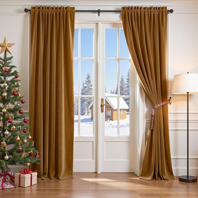 Lazzzy Velvet Blackout Curtains Thermal Insulated Room Window Drapes Super Soft Luxury Curtains for Living Room Bedroom Rod Pocket 2 Panels, Gold Brown, 62" W x 120" L