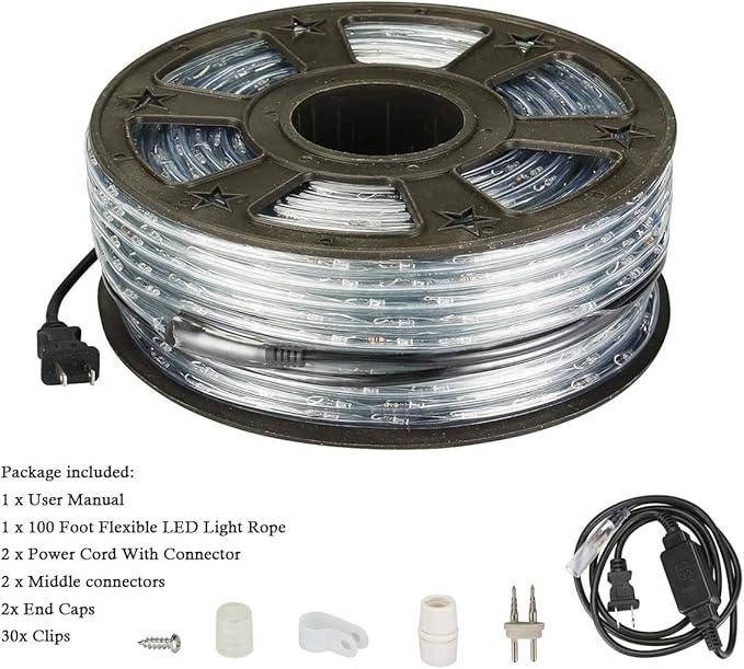 100Ft LED Rope Lights, 1080 LEDs Waterproof Rope Lights, 110V Cuttable Connectable Rope Lights Waterproof Decorative Lighting for Indoor/Outdoor, Halloween and Christmas Decorations(Cold White)
