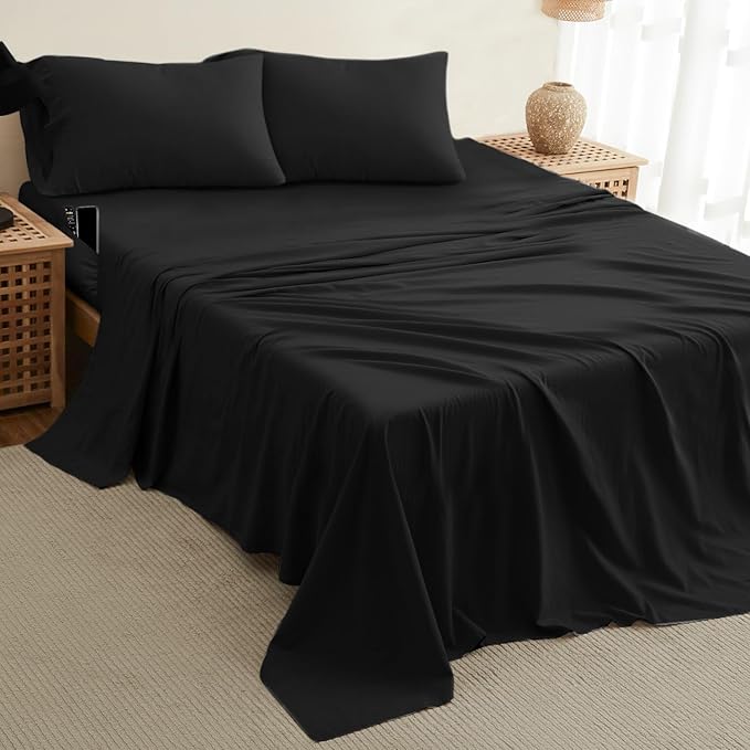 DREAMCARE King Size Sheets Set - Cooling Bed Sheets - 4pcs Set - up to 15" Deep Pocket King Sheet Set – Soft & Long Lasting Cooling - 100% Fine Brushed Polyester with Side Pocket - Black