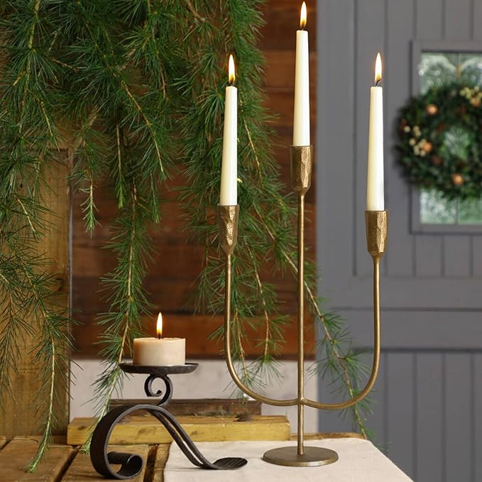3-Candle Cast Iron Metal Candelabra Candlestick Holders 15 inch Tall Candle Holder Wedding Event Candelabra Candle Stand Brass Gold
