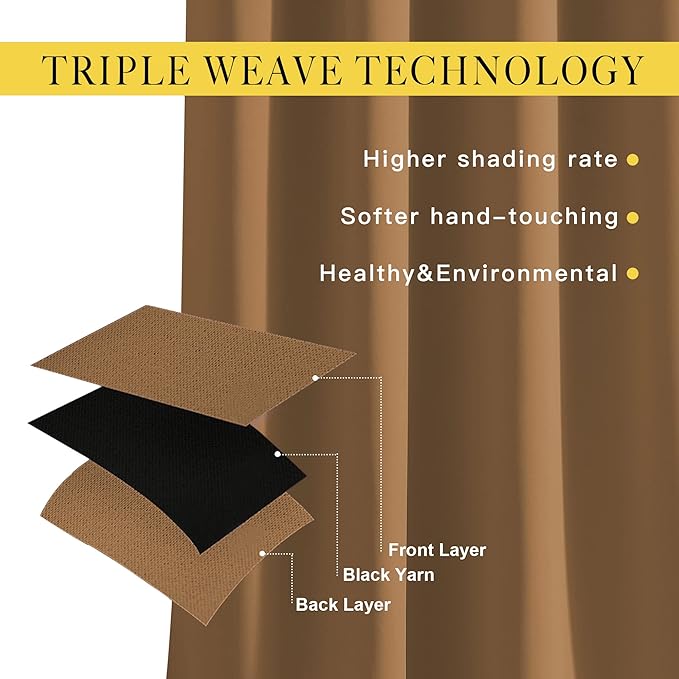 NICETOWN Living Room Curtains 95 inch Long - Sound Reducing Grommet Thermal Insulated Blackout Solid Drapes for Villa/Hall, Gold Brown, 2 Panels, W52 x L95