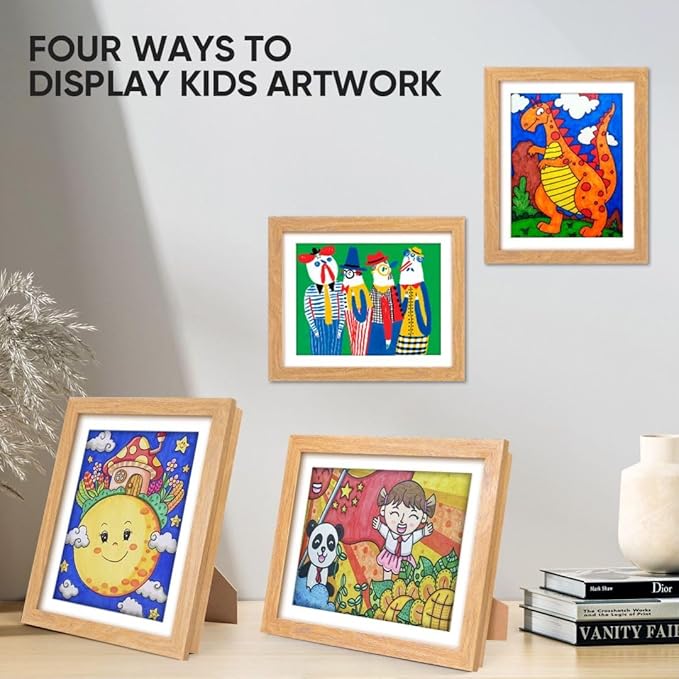 Kids Art Frames,10x12.5 Front Opening Kids Artwork Frames Changeable, Displays 8.5x11 or 9x12 With Mat, Holds 50 Pcs, for 3D Picture,A4 Artwork,Crafts, Childrens Drawing,Art Projects Storage(Wood)