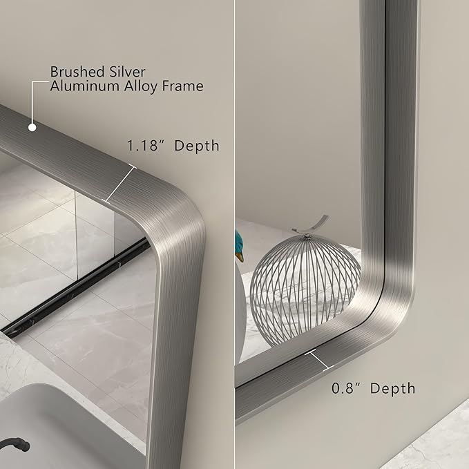 24x32 Inch Brushed Nickel Bathroom Mirror, Rounded Rectangle Silver Metal Frame Mirror, Silver Bathroom Vanity Mirror, Anti-Rust, Hangs Horizontally or Vertically