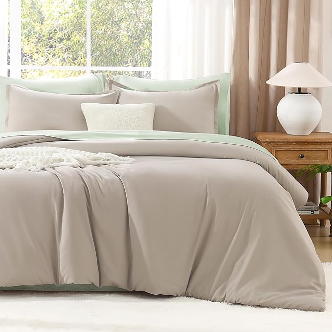Litanika Oatmeal Comforter King Size, 3 Pieces Lightweight Solid Bedding Comforter Set, All Season Fluffy Bed Set