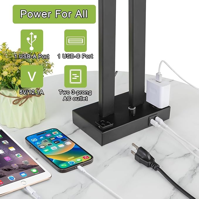 Modern Table Lamps Set of 2-22" Tall Bedside Lamps with USB-C/USB-A Charge Ports & Outlet, Stepless Dimmable Fabric Cream Shade Nightstand Lamps for Bedroom & Living Room