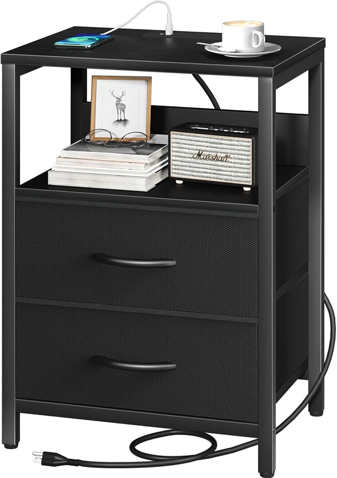 Yoobure Nightstand with Charging Station, Small Night Stand with Fabric Drawers and Storage Shelf for Bedrooms, Nightstands for Small Spaces, Bedside Table with USB Ports & Outlets Bed Side Table