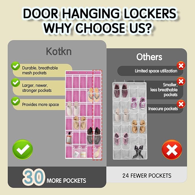 Over the Door Shoe Organizer with 30 Breathable Mesh Pockets - Large Capacity Closet Storage for Men & Women, Hanging Shoe Rack Organizer -Pink