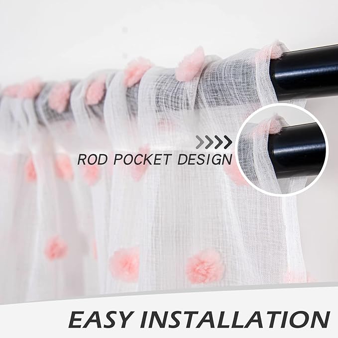 MYSKY HOME 72 Inch Long Pink Pom Pom White Sheer Curtains for Bedroom Curtains for Baby Nursery Door Curtains for Doorway 2 Panels Light Filtering Rod Pocket Semi Window Drapes 52 x 72 inch