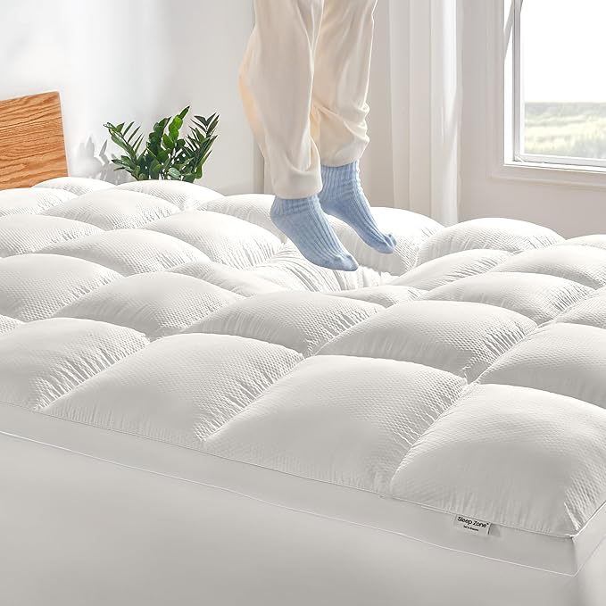 SLEEP ZONE Mattress Topper Queen Size, Extra Thick Fitted Mattress Pad for Back Pain, Plush and Support Mattress Cover, Deep Pockets Mattress Protector, Hotel Quality (White, Queen)