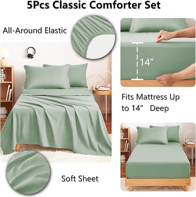 CozyLux Twin XL Comforter Set Sage Green - 5 Pieces Twin Extra Long Bed in a Bag for College Dorm, All Season Bedding Set for Girls and Boys, Soft Bed Set with Comforter, Sheets, Pillowcase & Sham