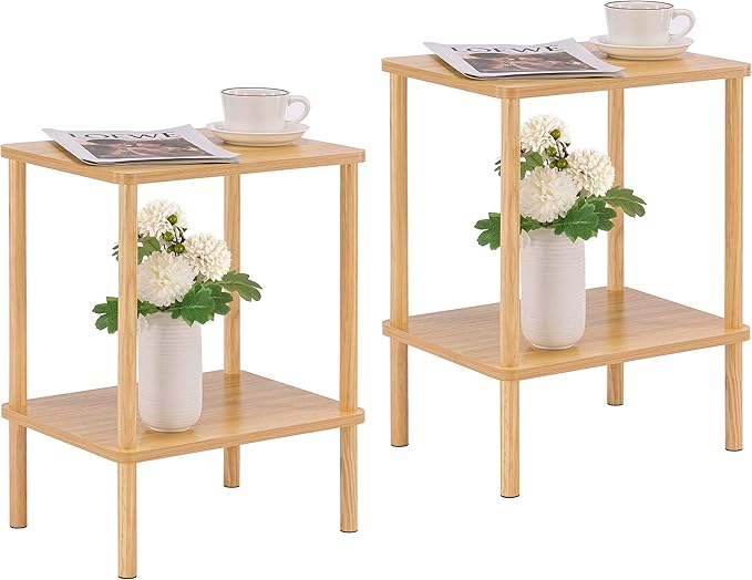 Apicizon 2 Tier End Table Set of 2, Small Side Table with Solid Wood Legs, Boho Bedside Table with Storage Shelf, Nightstand for Small Spaces, Bedroom, Living Room, Entryway, Easy Assembly, Natural