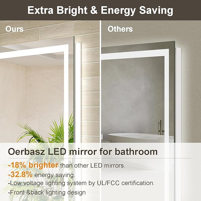 24x36 LED Bathroom Mirror with Lights, Brighter Backlit + Front Lit, Tempered Glass, Dimmable, Multiple Light Modes, Anti-Fog Lighted Bathroom Vanity Mirror for Wall, Memory Function
