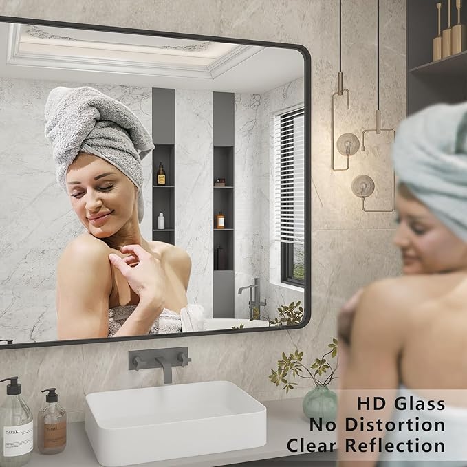 60x30 Black Framed Bathroom Mirror for Wall, Black Metal Bathroom Vanity Mirror, Modern Rectangle Mirror, Rounded Corner, Shatterproof, Anti-Rust (Horizontal/Vertical)