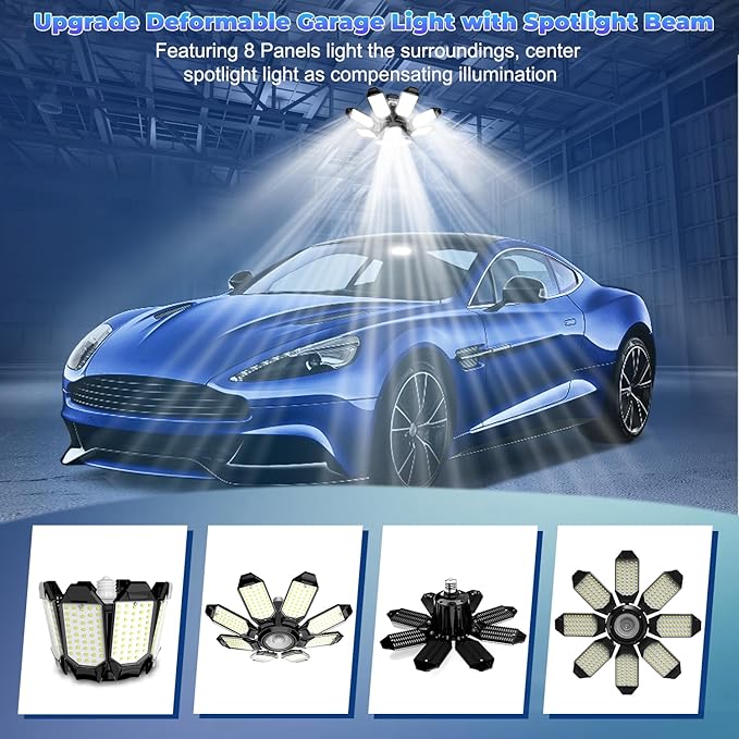 LED Garage Light - 2Pack Bright 50000LM Garage Lights Ceiling Led w/ 8 Deformable Panels 6500K Led Light Bulb Srew in E26/E27 Socket with Adjustable Center Spotlight for Barn Workshop Attic