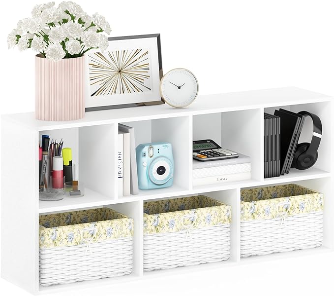 Furinno LUDER Book Shelf, 7-Cube Bookshelf, Bookcase, 9.4" x 19.5" x 41.7", for Living Room, Bedroom, Home Office, White