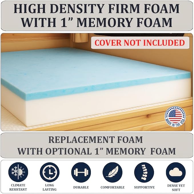 Foamma 8” x 36” x 76” Truck, Camper, RV Travel Visco Gel Memory Foam Bunk Mattress Replacement, Made in USA, Comfortable, Travel Trailer, CertiPUR-US Certified, Cover Not Included