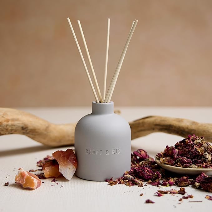 Craft & Kin Christmas Reed Diffuser for Home & Bathroom – Rose & Oud Holiday Reed Diffuser Set with Fragrance Sticks, Long-Lasting Alcohol-Free Scent, Earthenware Collection, 6.7oz