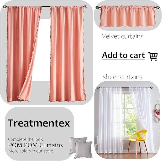 Treatmentex Grey Sheer Window Curtains for Living Room 95 inches Pom-Pom Canopy for Children Bedroom Rod Pocket 2Pack