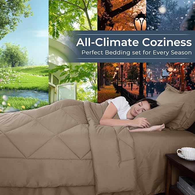 HEVUMYI Khaki Full Comforter Set - 7-Piece All Season Bed in a Bag Full, Ultra Soft Bedding Set with Comforter, Flat Sheet, Fitted Sheet, Pillowcases, Pillow Shams