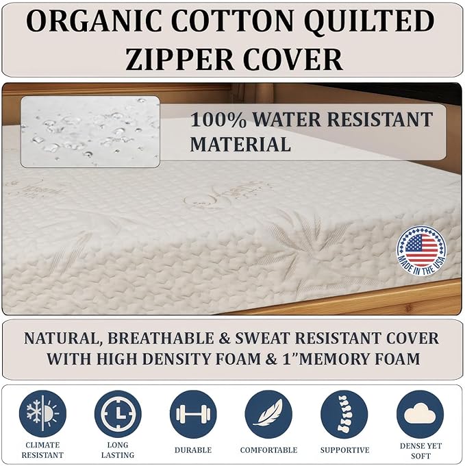 Foamma 5" x 30" x 75" Gel Memory Foam Mattress for RV with Water Resistant Organic Cotton Cover, Firm High Density Foam Base, USA Made, CertiPUR-US Certified