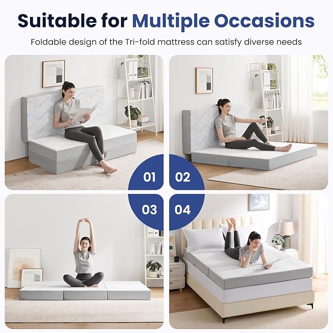 Foldable Mattress Twin 6 inch -Portable White Memory Foam Folding Matress with Washable Cover for Camping Travel Guest Room Home Use-Non-Slip&Easy Storage