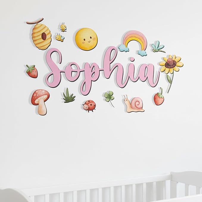 Custom Nursery Name Sign with Themed Decor Kit | Personalized Wooden Wall Art for Baby, Kids Room | Space, Jungle, Circus, Under the Sea, Woodland, Rainbow (20", Rainbow/Nature)