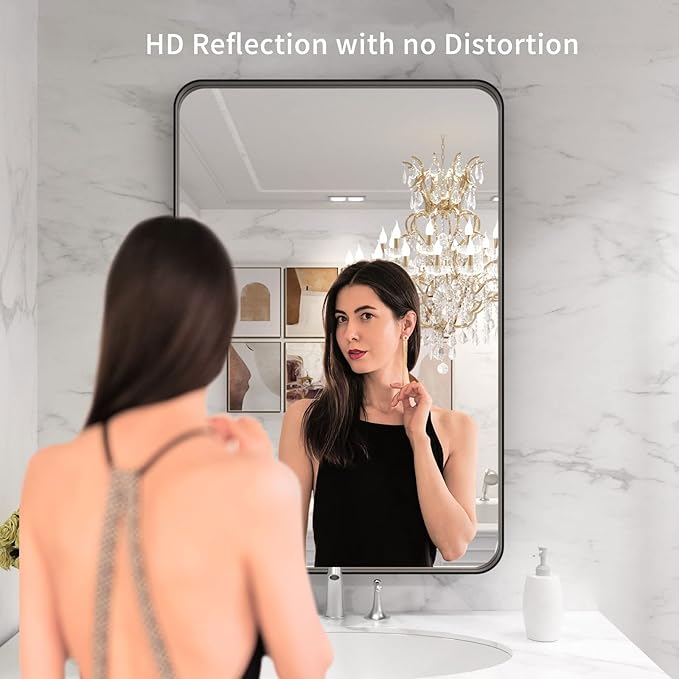 LOAAO Black Metal Framed Bathroom Mirror for Wall, 24X36 Inch Rounded Rectangle Mirror, Matte Black Bathroom Vanity Mirror Farmhouse, Anti-Rust, Hangs Horizontally or Vertically