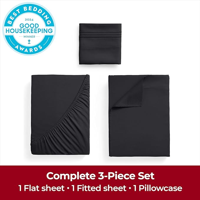 Mellanni Extra Deep Twin XL Sheets - 3 PC Iconic Collection Bedding - Hotel Luxury, Ultra Soft, Cooling Bed Sheets - Wrinkle, Fade, Stain Resistant (Twin Extra Long, Black)